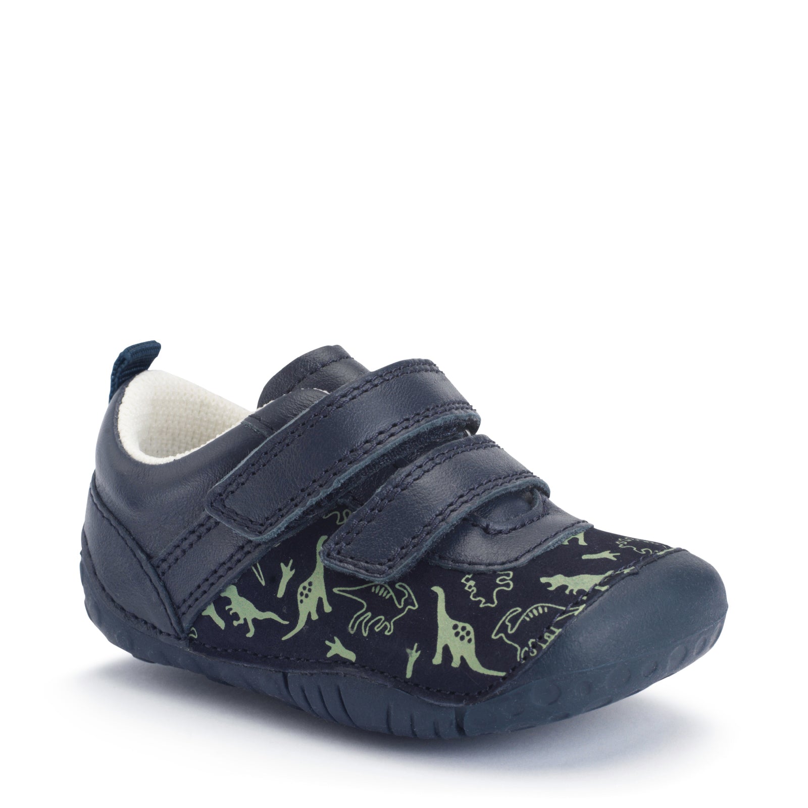 A girls shoe by Start-Rite, style Charms, in dusky pink with t-bar, velcro strap and front and back bumpers. Angled right side view