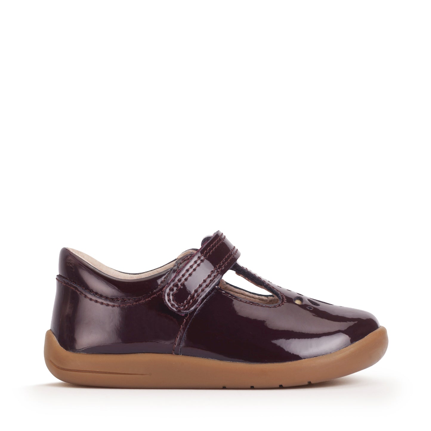 A girls shoe by Start-Rite, stye Puzzle, in burgundy with heel and toe bumpers and t bar with velcro strap. Right side view