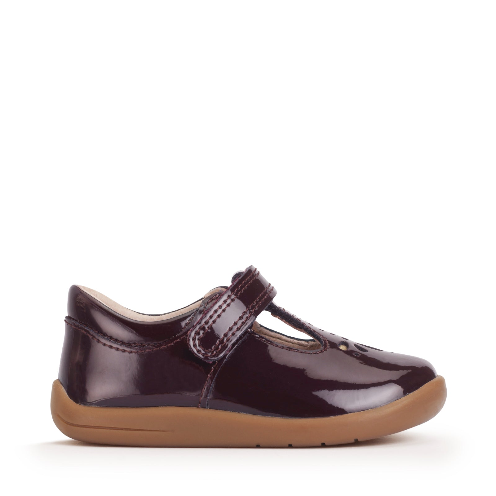 A girls shoe by Start-Rite, stye Puzzle, in burgundy with heel and toe bumpers and t bar with velcro strap. Right side view
