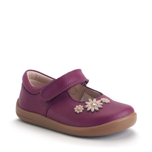A girls Mary Jane shoe by Start Rite, style Fairy Tale, in plum leather with flower detail and velcro fastening. Front angled view.