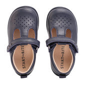 A unisex T-Bar shoe by Start-Rite, style Jigsaw, in navy leather with punch out detail. View of pair from above.