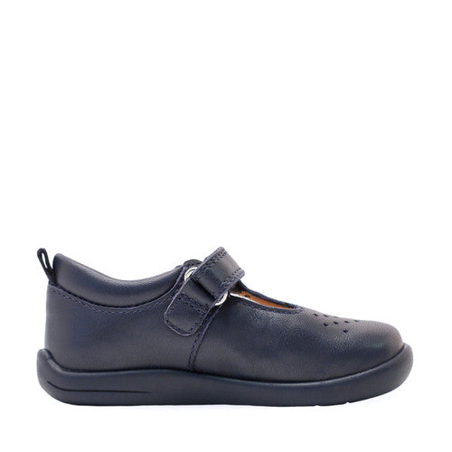 A unisex T-Bar shoe by Start-Rite, style Jigsaw, in navy leather with punch out detail. Left side view.