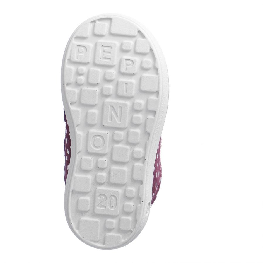 A girls shoe by Ricosta, style Lenie, double velcro fastening in merlot with silver heart print. View of sole.