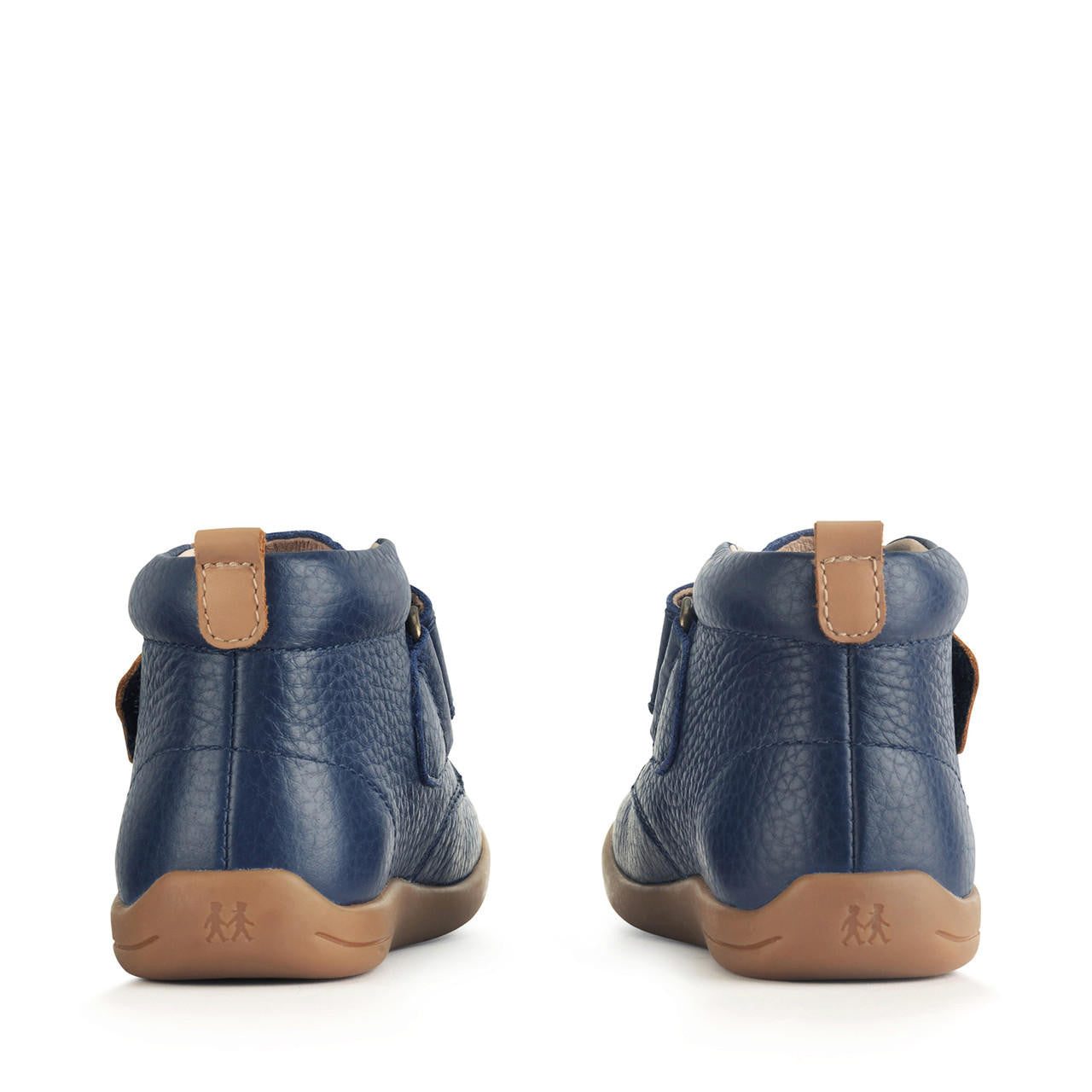 A boys ankle boot by Start-Rite, style Totter, in navy leather with light tan trim and sole unit. Velcro fastening. View from back of shoes.