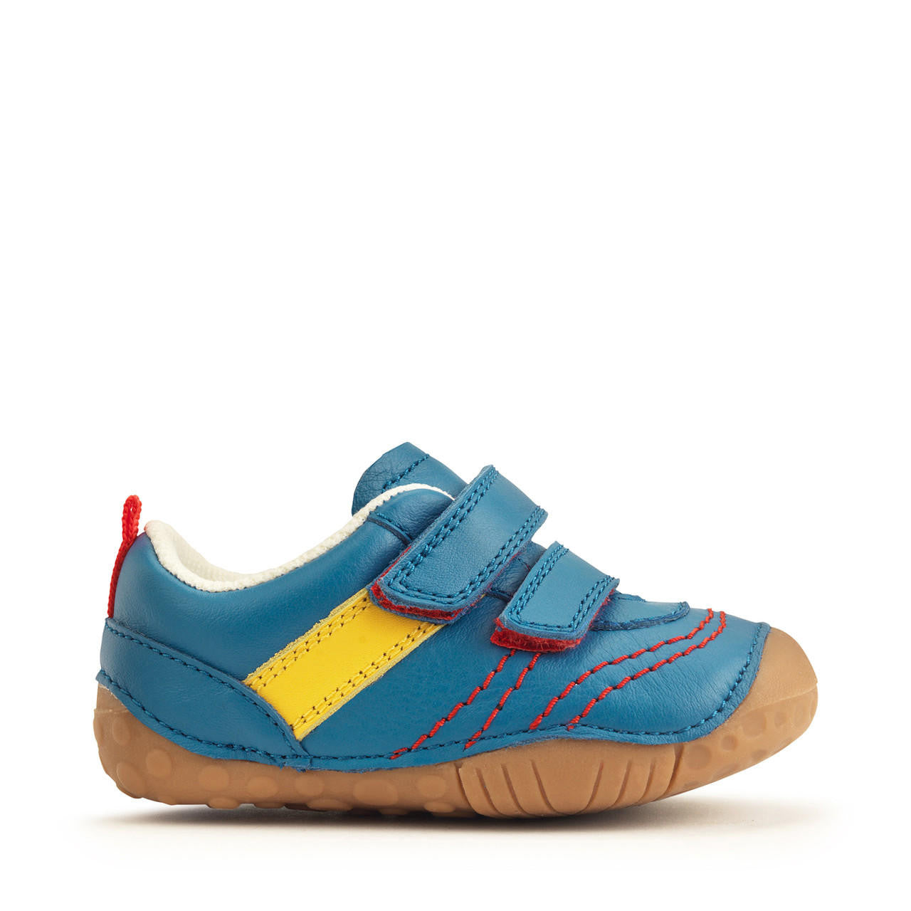 A boys pre-walker by Start-Rite, style Little Smile. In blue leather multi with double velcro fastening and toe bumper. Right side view.