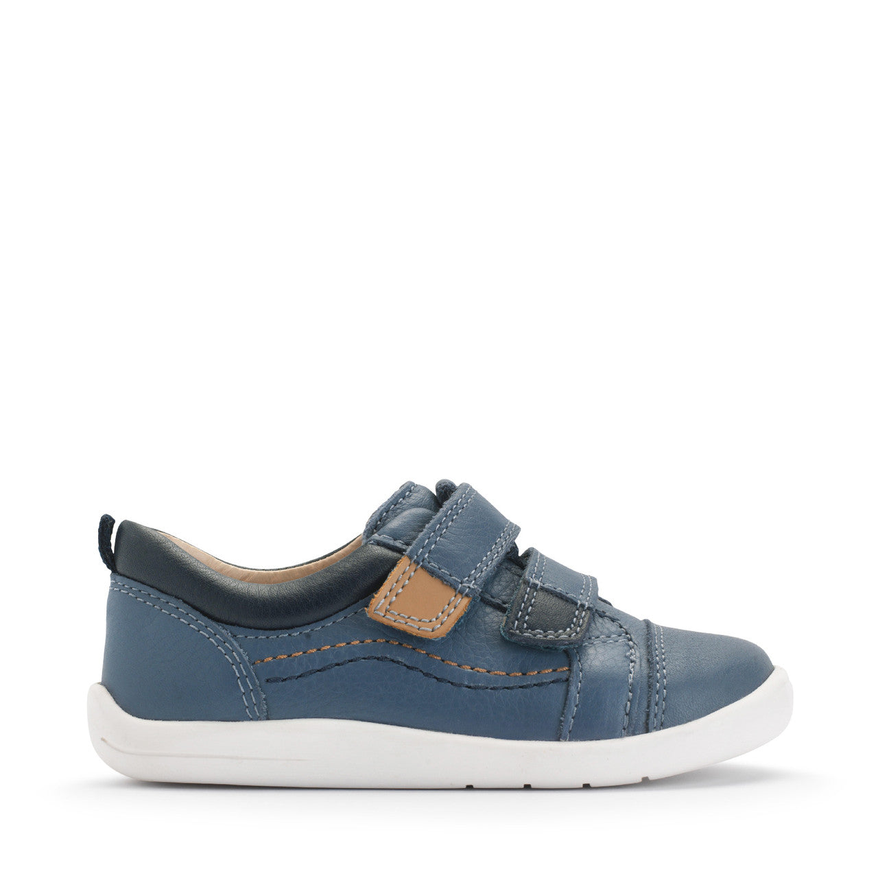 A boy's casual shoe by Start-Rite, style Playhouse, in blue leather with tan trim on white sole unit with double velcro fastening. Right side view.
