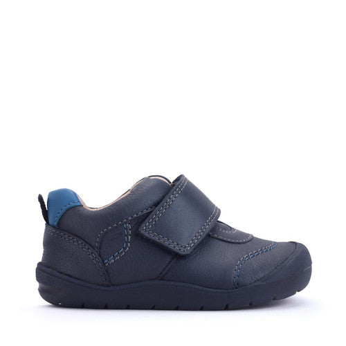 A boys first shoe by Start-Rite, style Summit, in navy with royal blue stitching and velcro fastening. Right side view again.