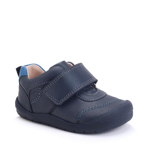 A boys first shoe by Start-Rite, style Summit, in navy with royal blue stitching and velcro fastening. Front angled view.