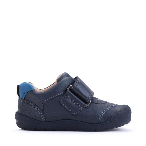 A boys first shoe by Start-Rite, style Summit, in navy with royal blue stitching and velcro fastening. Inside view.