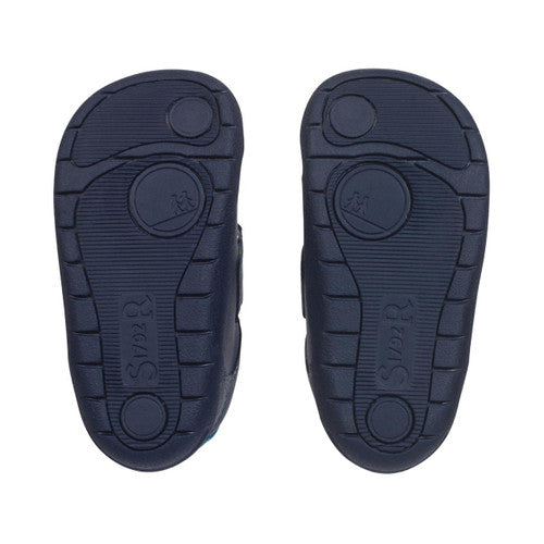 A boys first shoe by Start-Rite, style Summit, in navy with royal blue stitching and velcro fastening. Sole view.