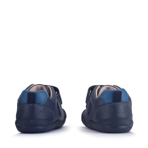A boys first shoe by Start-Rite, style Summit, in navy with royal blue stitching and velcro fastening. Heel view.