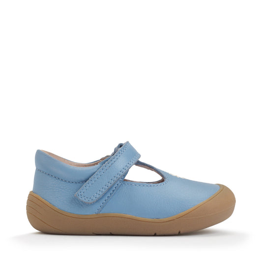 A girls T-Bar first shoe by Start-rite, style Floret, in pearlised blue leather with flower detail and toe bumper. Velcro Fastening. Right side view.