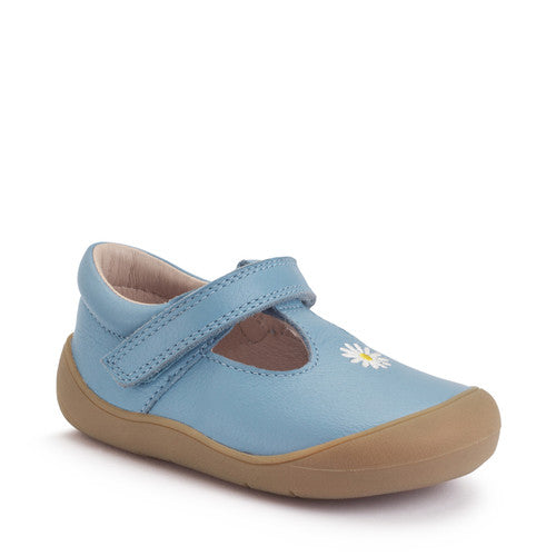 A girls T-Bar first shoe by Start-rite, style Floret, in blue leather with flower detail and toe bumper. Velcro Fastening. Angled right side view.