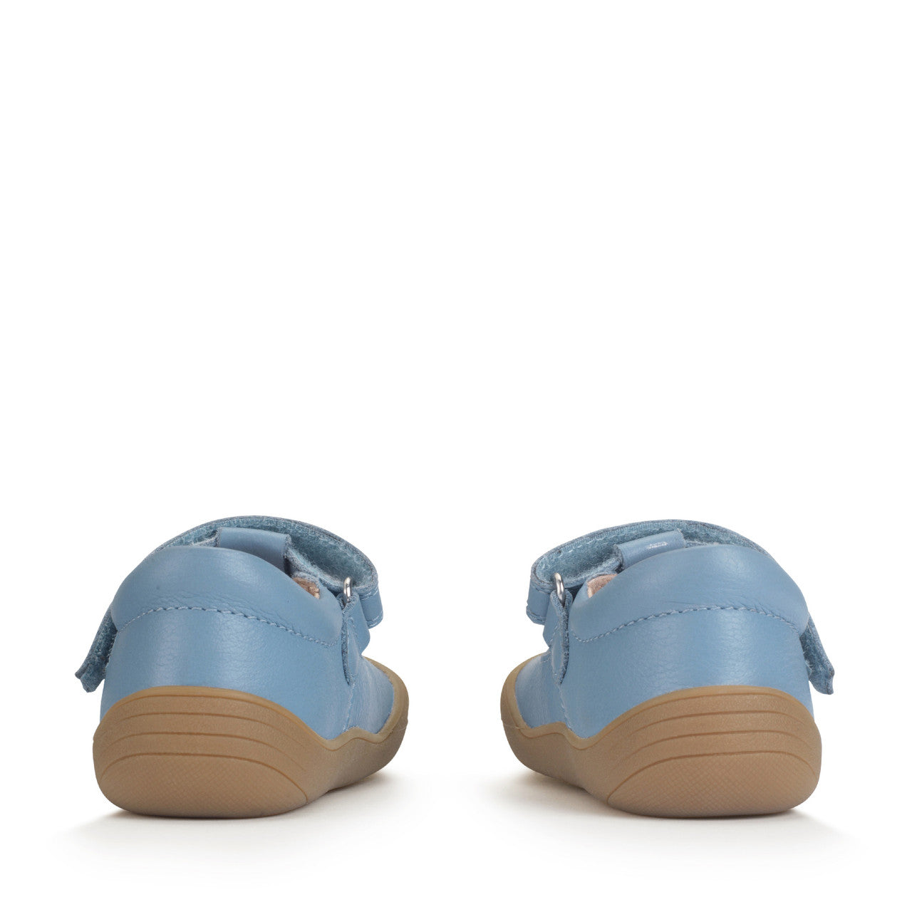 A girls T-Bar first shoe by Start-rite, style Floret, in blue leather with flower detail and toe bumper. Velcro Fastening. View of pair from back.