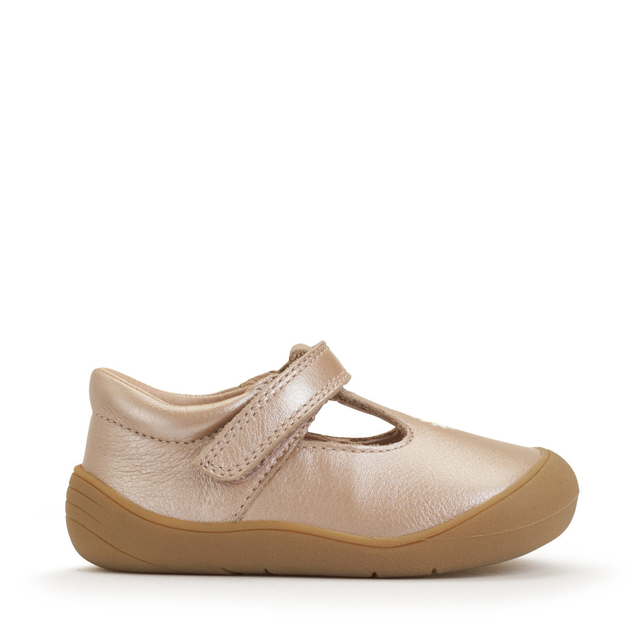 A girls T-Bar first shoe by Start-rite, style Floret, in pearlised taupe leather with flower detail and toe bumper. Velcro Fastening. Right side view.