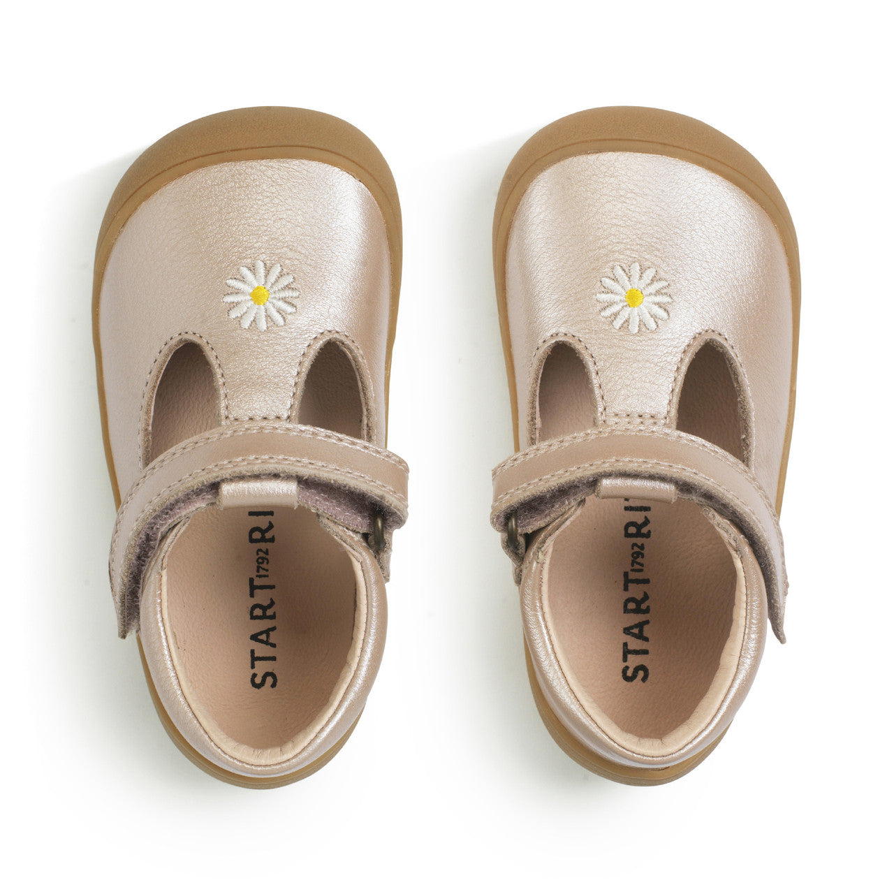A girls T-Bar first shoe by Start-rite, style Floret, in pearlised taupe leather with flower detail and toe bumper. Velcro Fastening. View of pair from above.