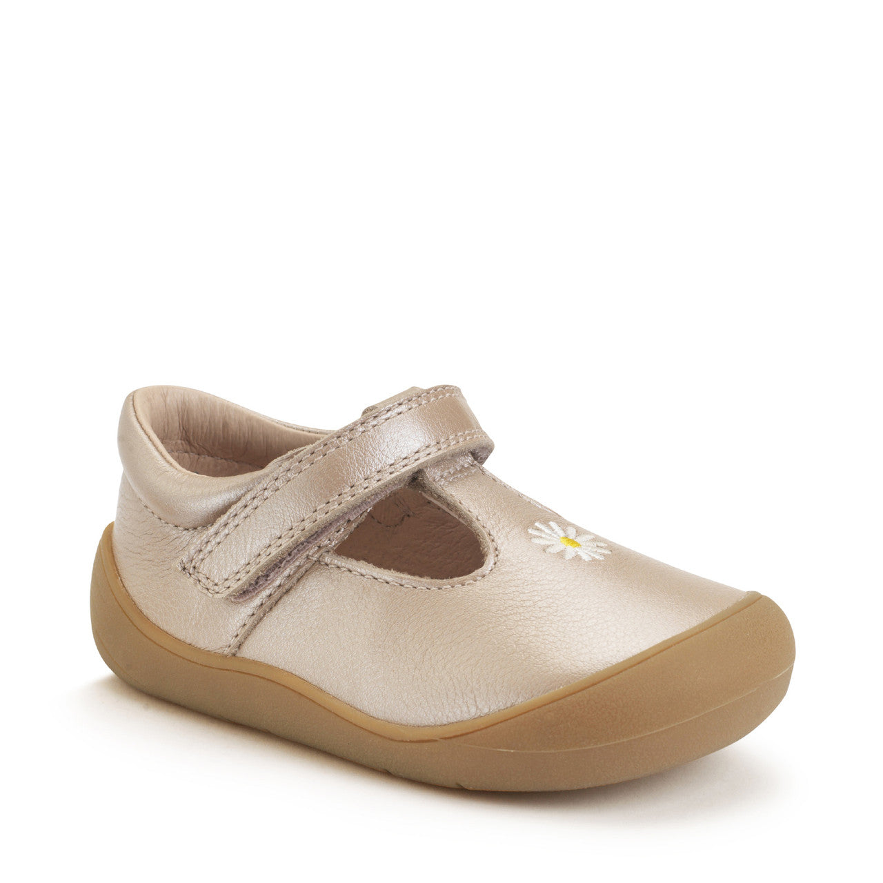 A girls T-Bar first shoe by Start-rite, style Floret, in pearlised taupe leather with flower detail and toe bumper. Velcro Fastening. Angled right side view.