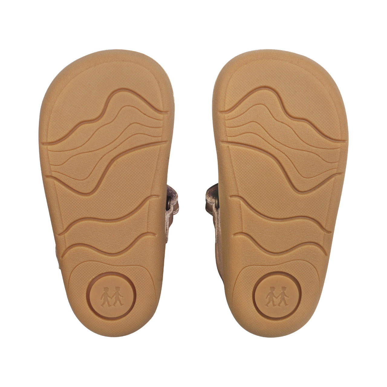 Girls T-Bar first shoe by Start-rite, style Floret, in pearlised taupe leather with flower detail and toe bumper. Velcro Fastening. View of soles of a pair.