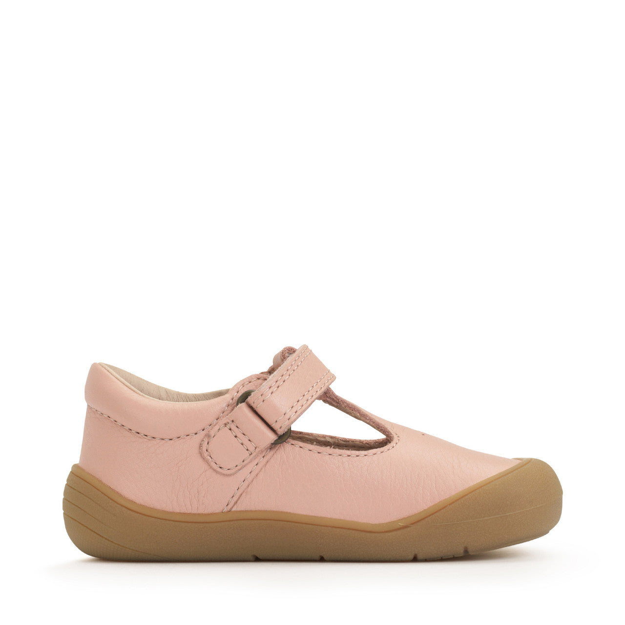 A girls shoe by Start-Rite, style Charms, in dusky pink with t-bar, velcro strap and front and back bumpers. Left side inner view