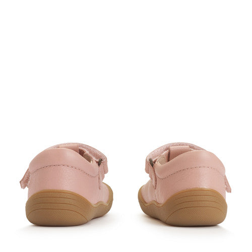 A girls shoe by Start-Rite, style Charms, in dusky pink with t-bar, velcro strap and front and back bumpers. Back view of pair