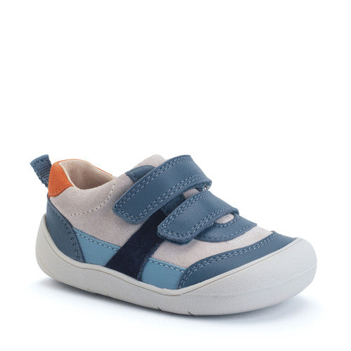 A Start-Rite boys casual shoe in style Duel, colour denim/blue multi with two velcro straps and heel and toe bumpers. Angled right side view.