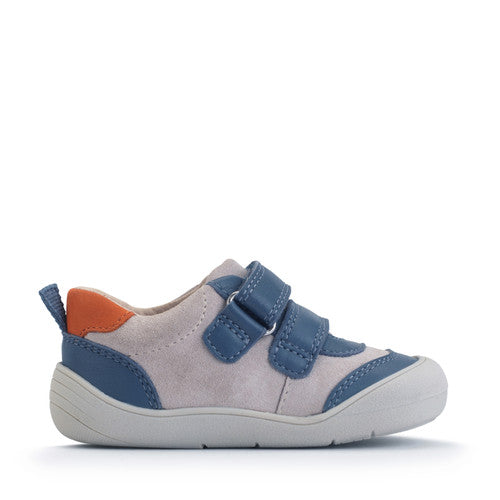 A Start-Rite boys casual shoe in style Duel, colour denim/blue multi with two velcro straps and heel and toe bumpers. Left side inner view