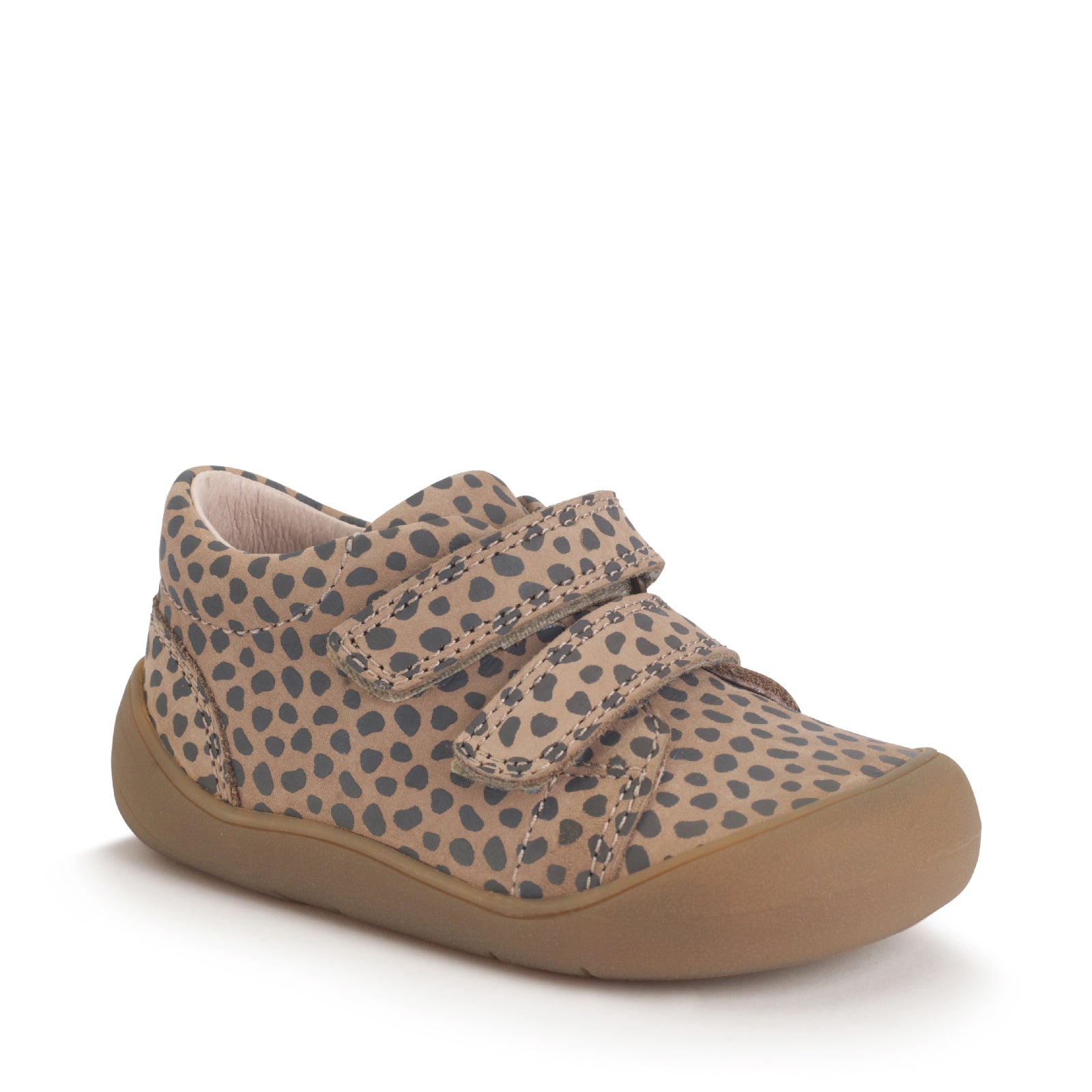 A girls shoe by Start-Rite, stye Scoot, in taupe with heel and toe bumpers and two velcro straps. Front view