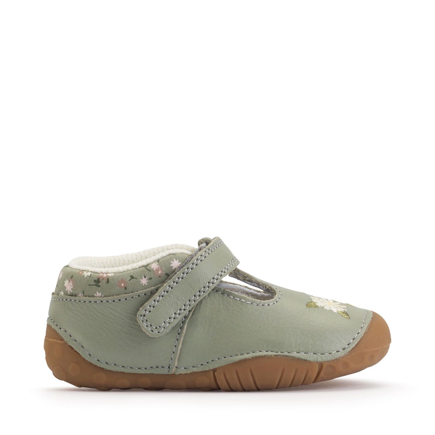 A girls pre-walker shoe by StartRite, style Squish in dusky green with flower detail on front and ankle, with t-bar velcro strap. Right side view