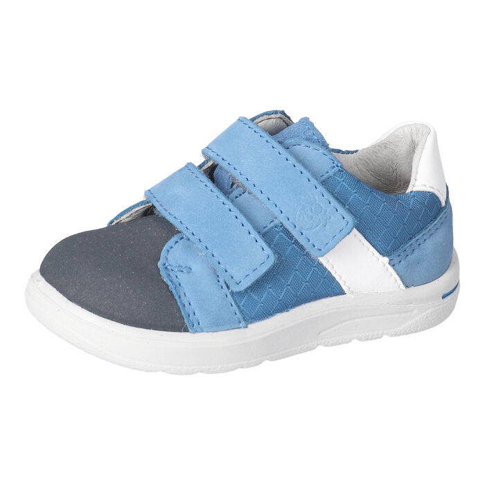 A boys velcro shoe by Ricosta, style Riley in navy and blue with white trim and double velcro fastening. Right side view.
