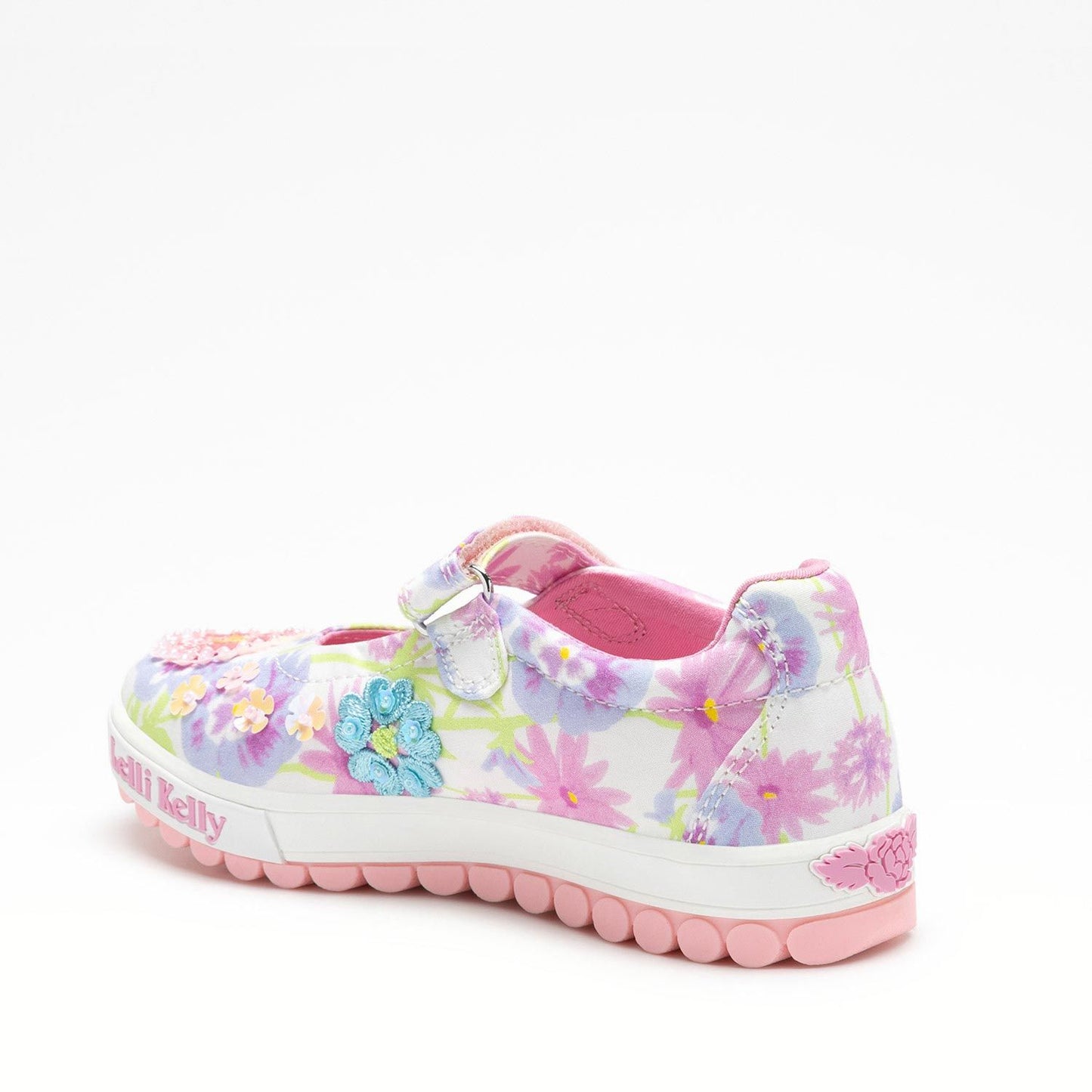 A girls embellished canvas Mary Jane by Lelli Kelly, style LKED4911 Eloise Dolly, in white multi with velcro fastening. Angled left side view.