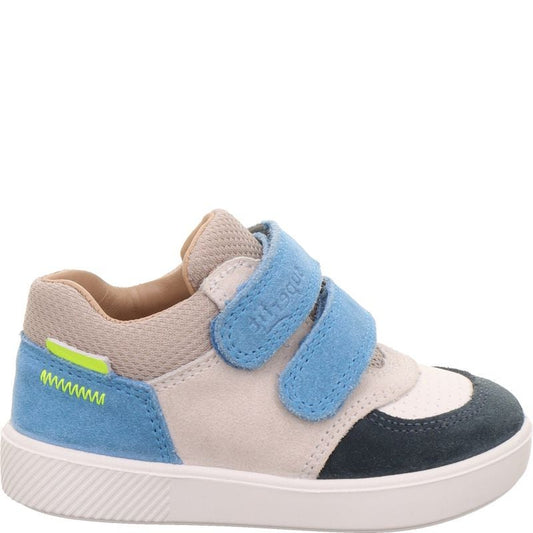 A boys casual shoe by Superfit, style Supies in blue/mutlicolour with yellow stitching deail and two blue velcro straps. Left side view