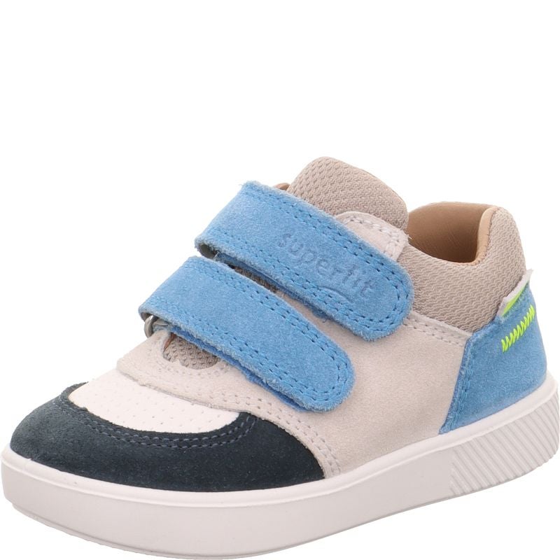 A boys casual shoe by Superfit, style Supies in blue/mutlicolour with yellow stitching deail and two blue velcro straps. Angled left side view