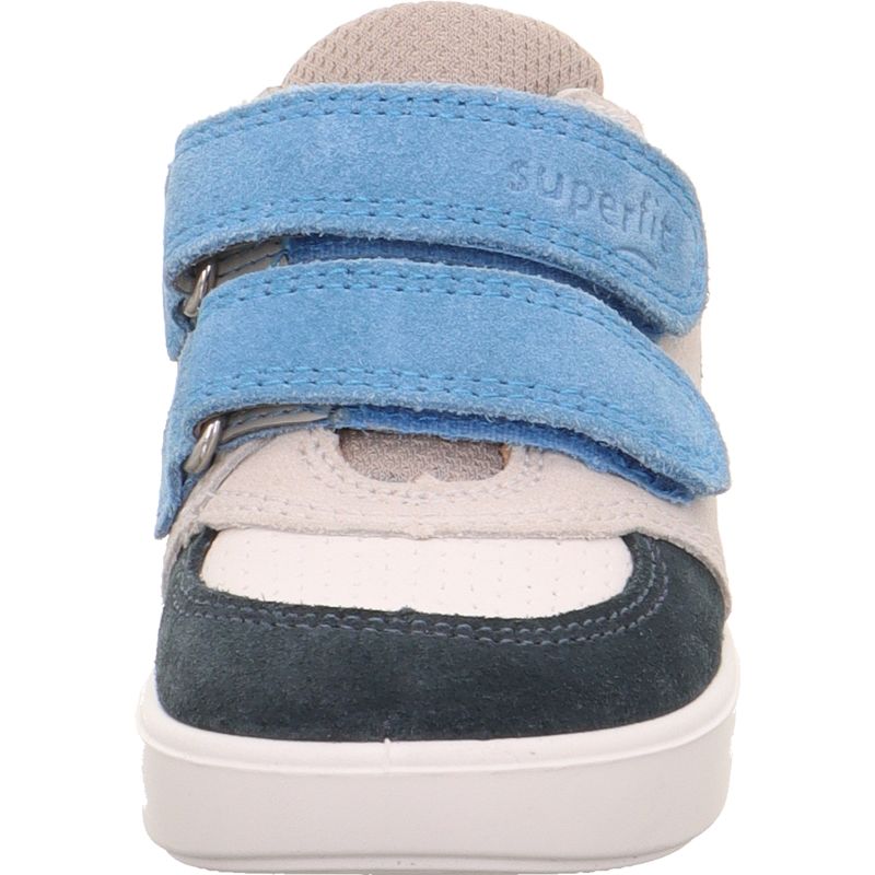 A boys casual shoe by Superfit, style Supies in blue/mutlicolour with yellow stitching deail and two blue velcro straps. Front view