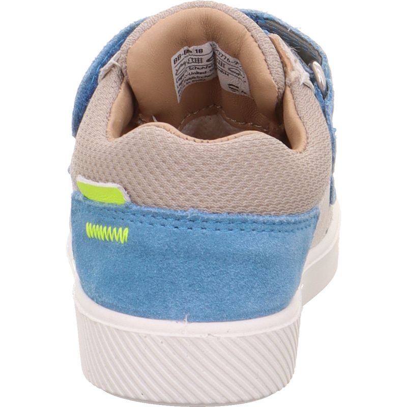 A boys casual shoe by Superfit, style Supies in blue/mutlicolour with yellow stitching deail and two blue velcro straps. Back view