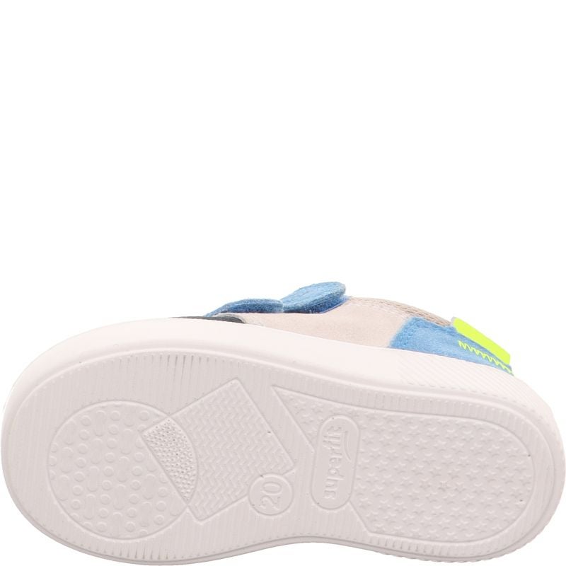 A boys casual shoe by Superfit, style Supies in blue/mutlicolour with yellow stitching deail and two blue velcro straps. View of white sole