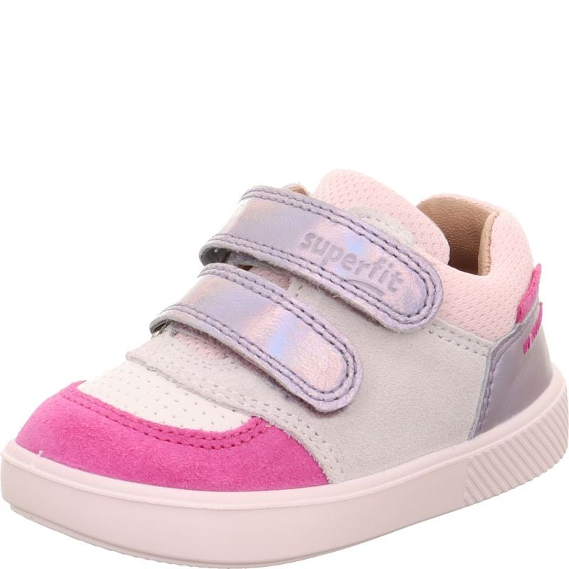 A girls casual trainer by Superfit, style Supies in pink/multicolour with pink stiching detail on side and two velcro straps. Angled left side view