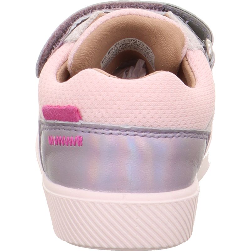 A girls casual trainer by Superfit, style Supies in pink/multicolour with pink stiching detail on side and two velcro straps. Back view
