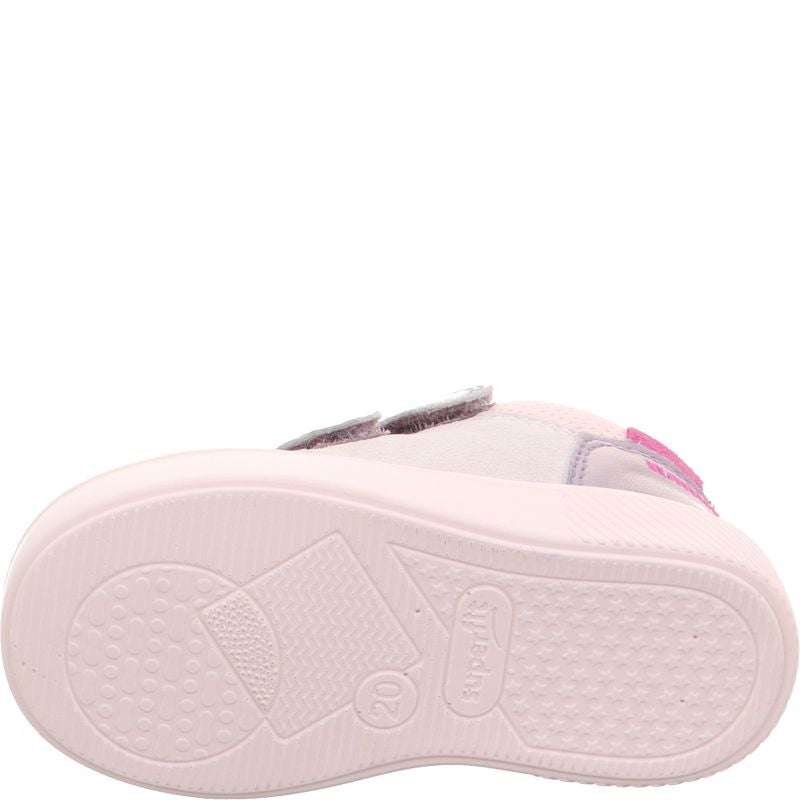 A girls casual trainer by Superfit, style Supies in pink/multicolour with pink stiching detail on side and two velcro straps. View of white sole