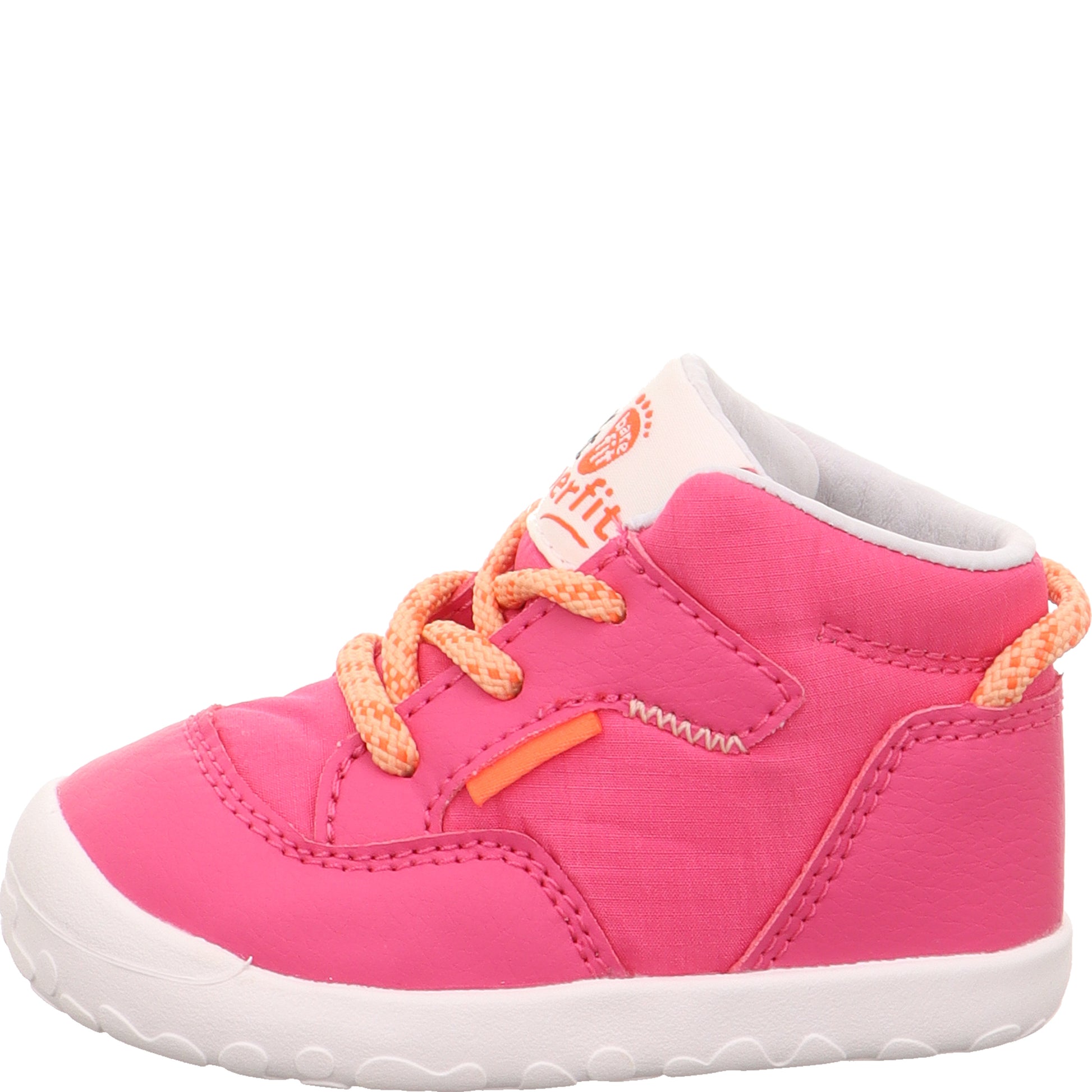 A girls first boot by Superfit, style Flummi in fuxia with lace fastening. Left side view. Featuring bare fit branding.