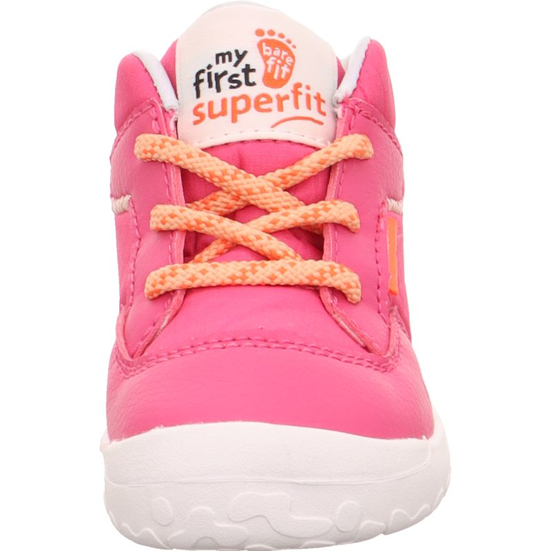 A girls first boot by Superfit, style Flummi in fuxia with lace fastening. Front view. Featuring bare fit branding.