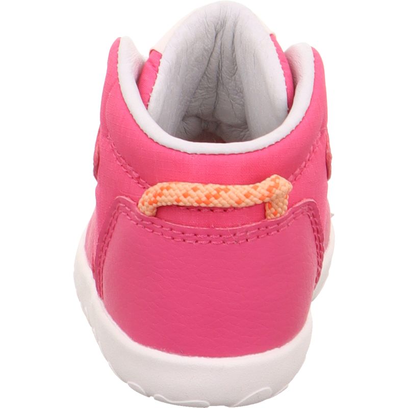 A girls first boot by Superfit, style Flummi in fuxia with lace fastening. Back view. Featuring bare fit branding.