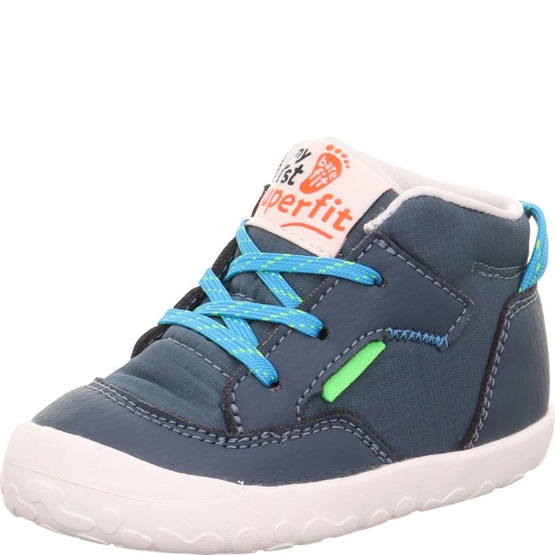 A boys first boot by Superfit, style Flummi in blue, lace fastening. Left angled view. Featuring bare fit logo