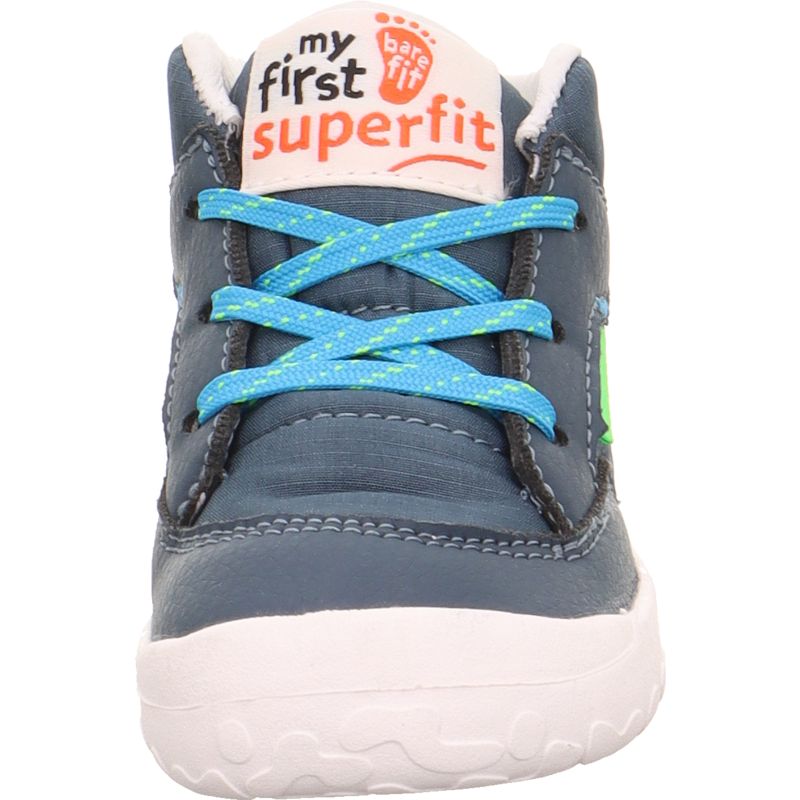 A boys first boot by Superfit, style Flummi in blue, lace fastening. Front view. Featuring bare fit logo