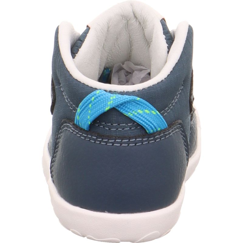A boys first boot by Superfit, style Flummi in blue, lace fastening. Back view. Featuring bare fit logo