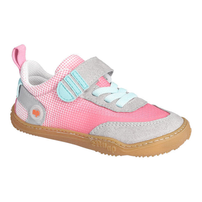 A girls casual shoe by Ricosta, style Fichte in light grey/flower with vecro strap and elastic laces. Right side view