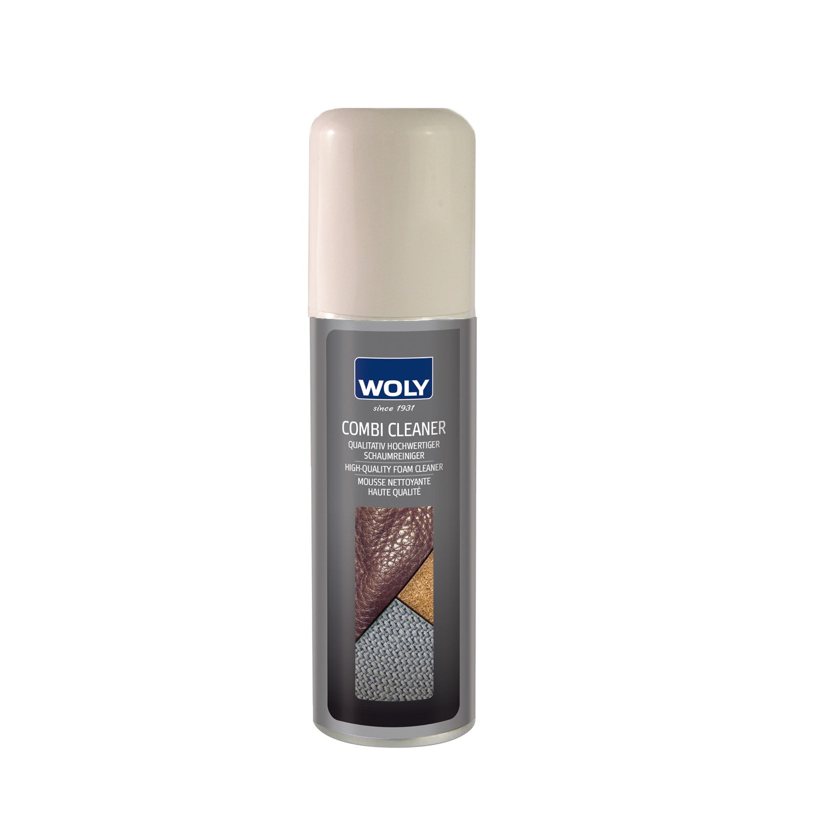 A can of combi cleaning mousse for shoes by Woly. Front view.