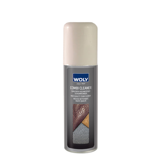 A can of combi cleaning mousse for shoes by Woly. Front view.