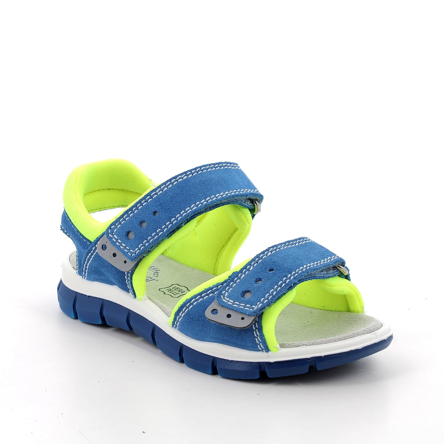 A boys sandal by Primigi, style Tevez in ocean/green. With two velcro straps and blue sole. Angled front view