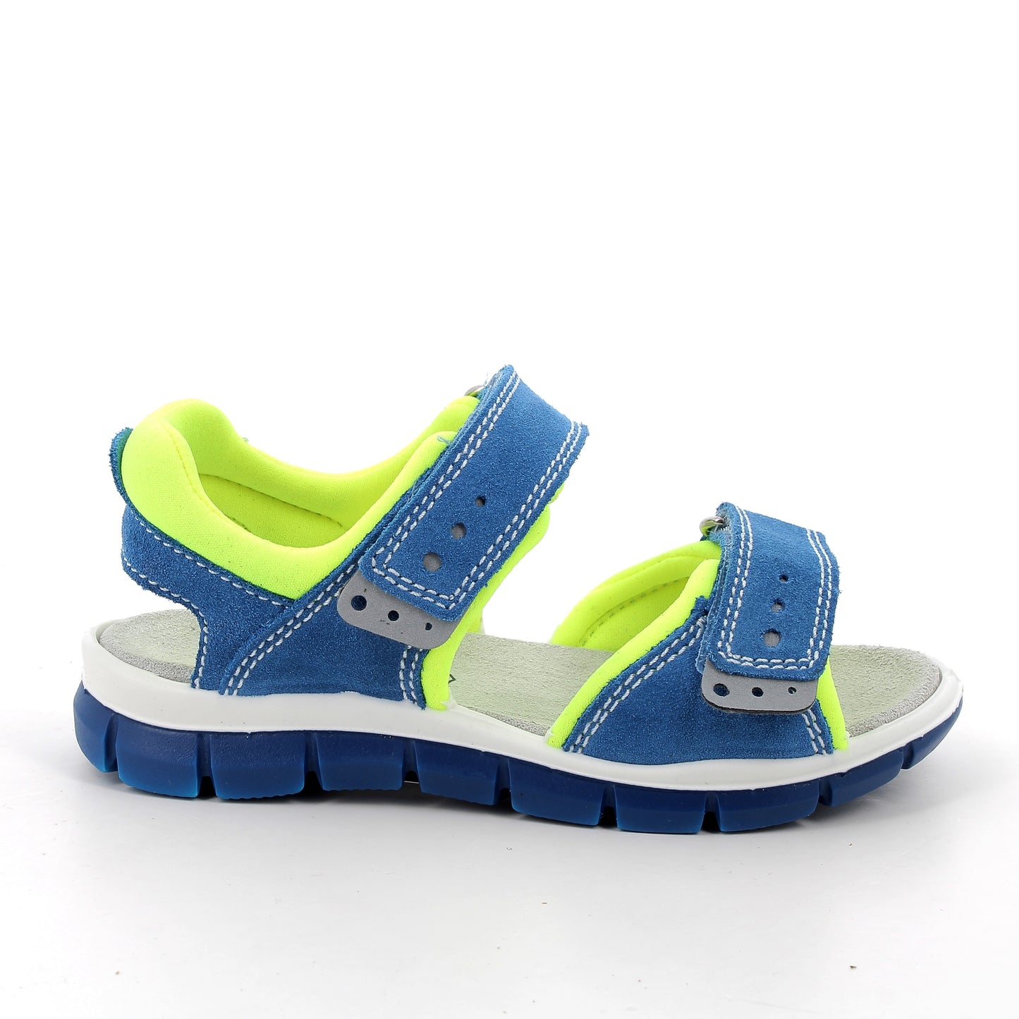 A boys sandal by Primigi, style Tevez in ocean/green. With two velcro straps and blue sole. Right side view