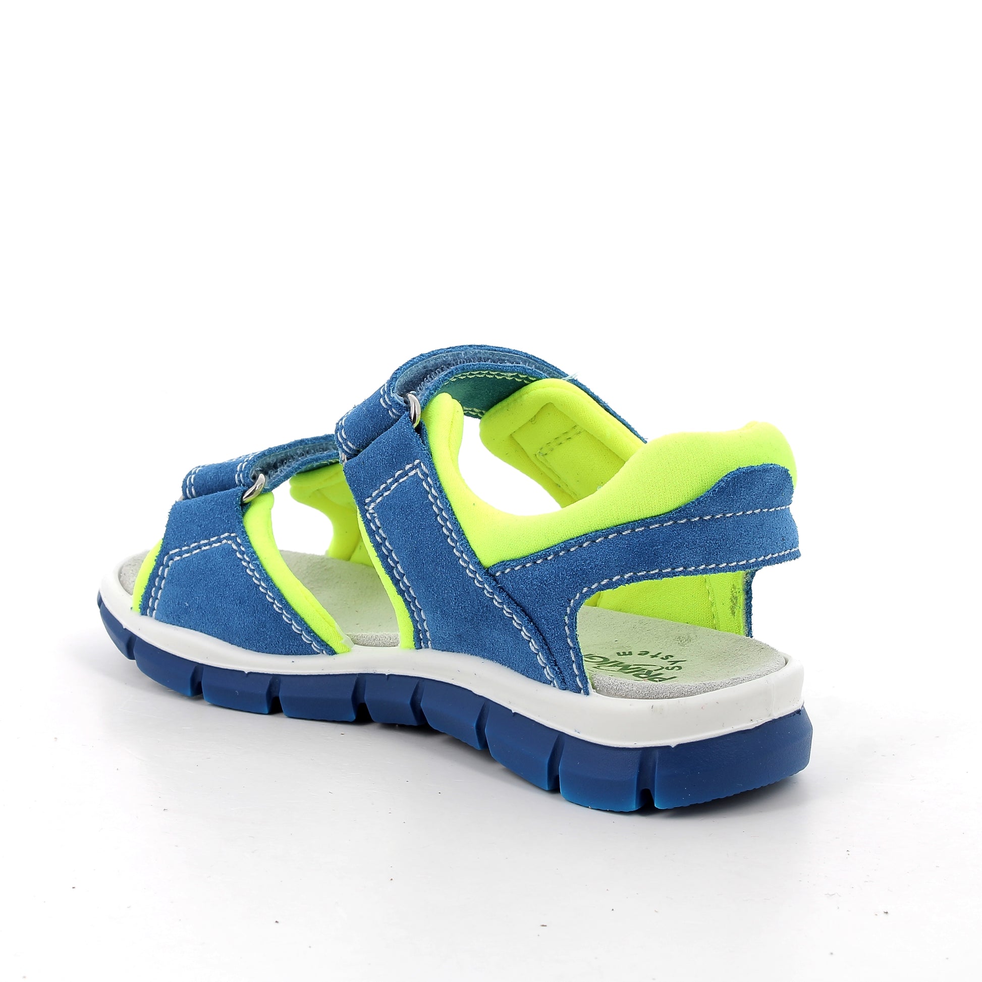 A boys sandal by Primigi, style Tevez in ocean/green. With two velcro straps and blue sole. Angled back view